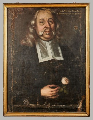 Gemälde: Halbfigurenporträt von Johann Vorster (1609–1659), Schultheiss von Diessenhofen, mit schulterlangem, welligem Haar, gezwirbeltem Schnurrbart, eine Rose in seiner Rechten haltend